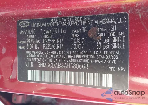 2010 Hyundai Santa Fe Gls from USA, damaged, VIN 5NMSGDAB8AH380668